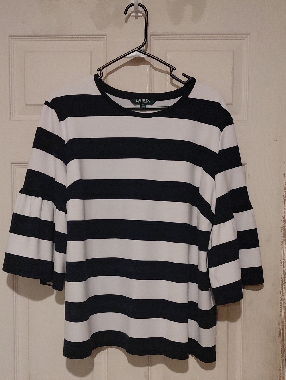 Lauren Ralph Lauren Navy and White Striped Bell Sleeve Top Size 1X
